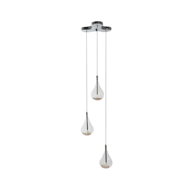 Lampadario a sospensione con 3 paralumi a goccia in vetro e cristalli cm 33x33x133h