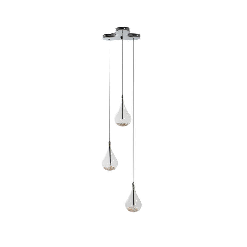 Lampadario a sospensione con 3 paralumi a goccia in vetro e cristalli cm 33x33x133h