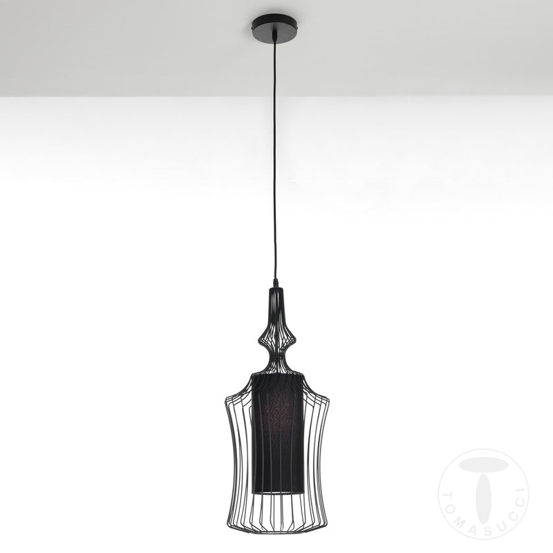 Lampadario a sospensione paralume in acciaio e tessuto colore nero cm Ø 29x64h