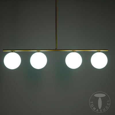 Lampadario in metallo ottone anticato con 4 sfere in vetro bianco cm 90x15x90h