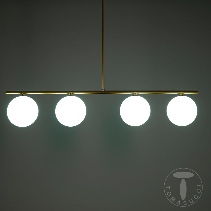 Lampadario in metallo ottone anticato con 4 sfere in vetro bianco cm 90x15x90h