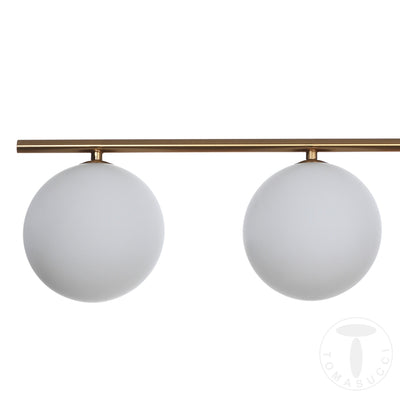 Lampadario in metallo ottone anticato con 4 sfere in vetro bianco cm 90x15x90h