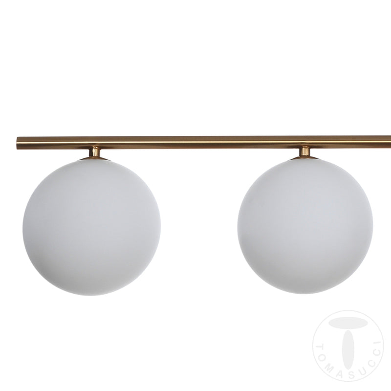 Lampadario in metallo ottone anticato con 4 sfere in vetro bianco cm 90x15x90h