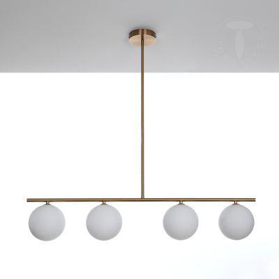 Lampadario in metallo ottone anticato con 4 sfere in vetro bianco cm 90x15x90h