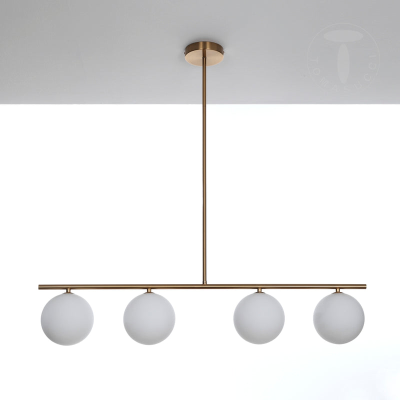 Lampadario in metallo ottone anticato con 4 sfere in vetro bianco cm 90x15x90h