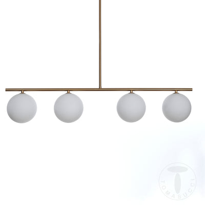 Lampadario in metallo ottone anticato con 4 sfere in vetro bianco cm 90x15x90h