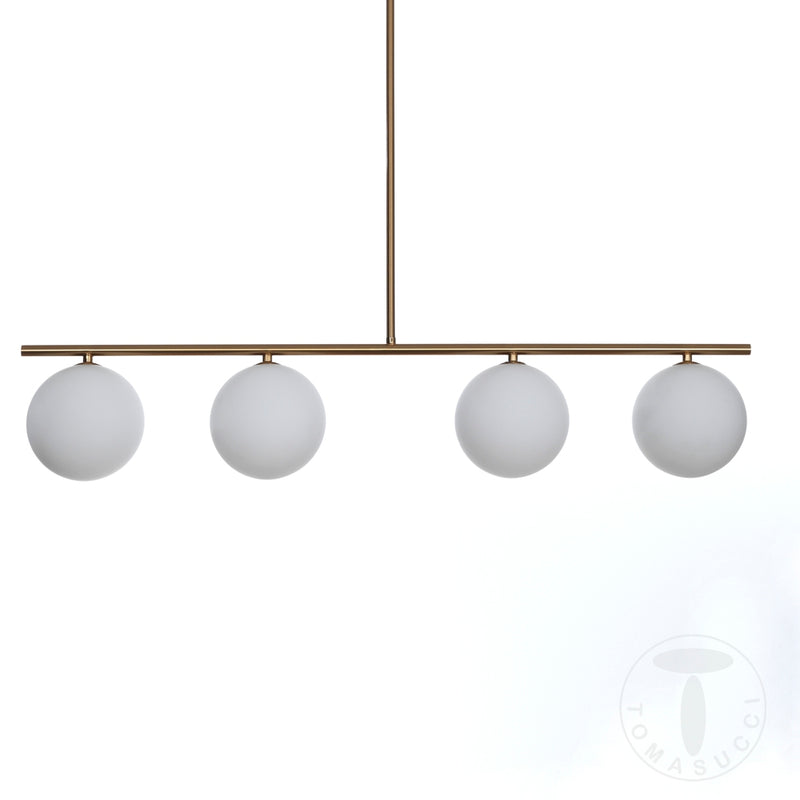 Lampadario in metallo ottone anticato con 4 sfere in vetro bianco cm 90x15x90h