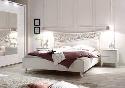 Calla - Letto in legno matrimoniale design testiera in ecopelle bianco cm 210x211x116h