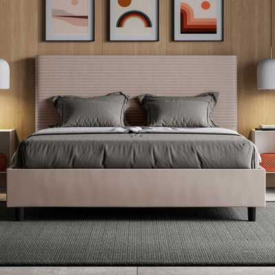 letto design Made in Italy con contenitore similpelle tortora