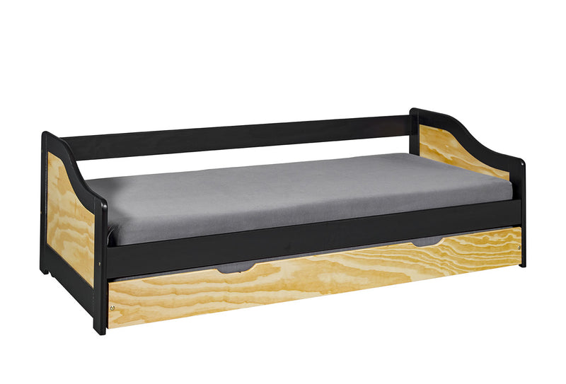 doppio letto moderno con cassettone inferiore in legno massello naturale e nero