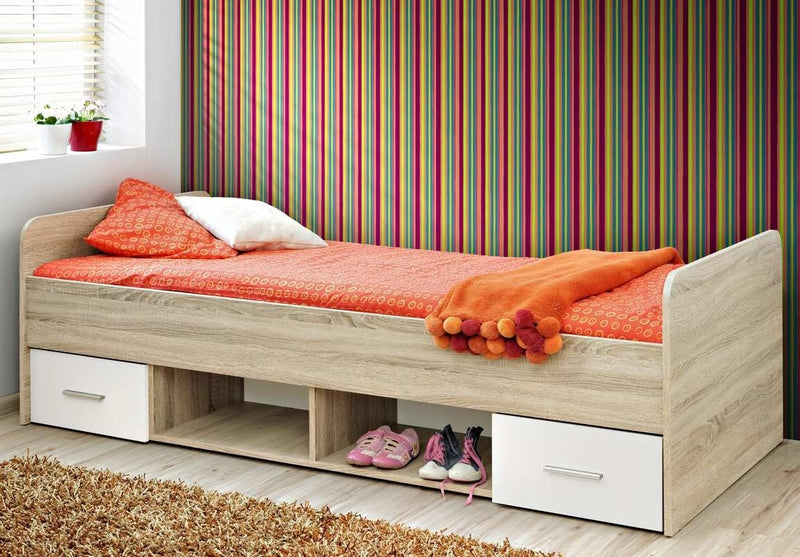 letto singolo con contenitore in legno