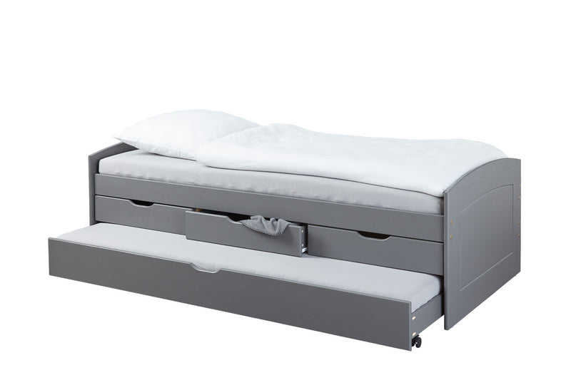 Kronos - Letto singolo con cassetti e letto estraibile in legno massello cm 98x205x63h