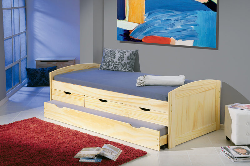 Alfio - Letto singolo moderno con secondo letto a scomparsa in legno naturale cm 98x205x63h