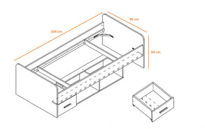 letto singlo con contenitore in legno