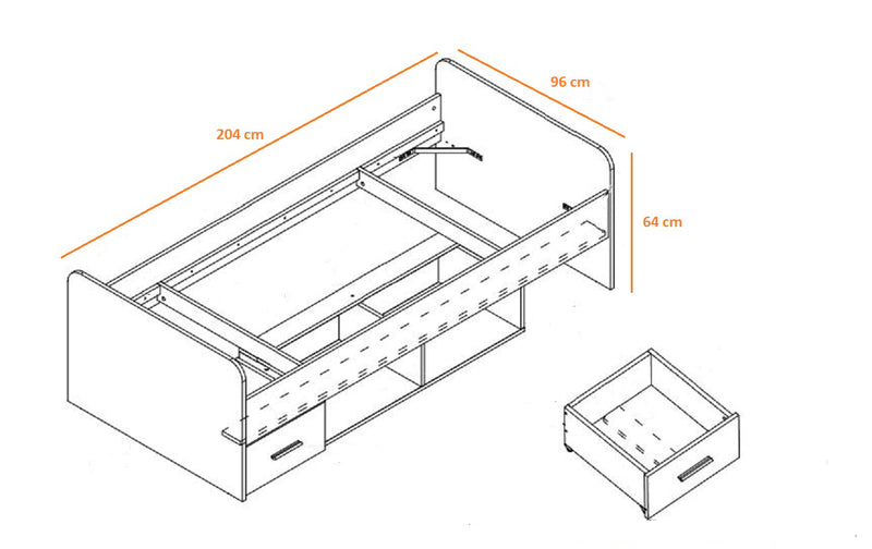 letto singlo con contenitore in legno