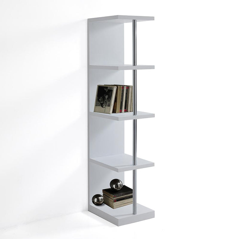 Libreria da soggiorno in legno bianco opaco e metallo cromato cm 30x38x139h