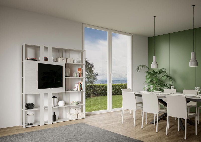libreria a parete con pannello porta tv in legno bianco frassino