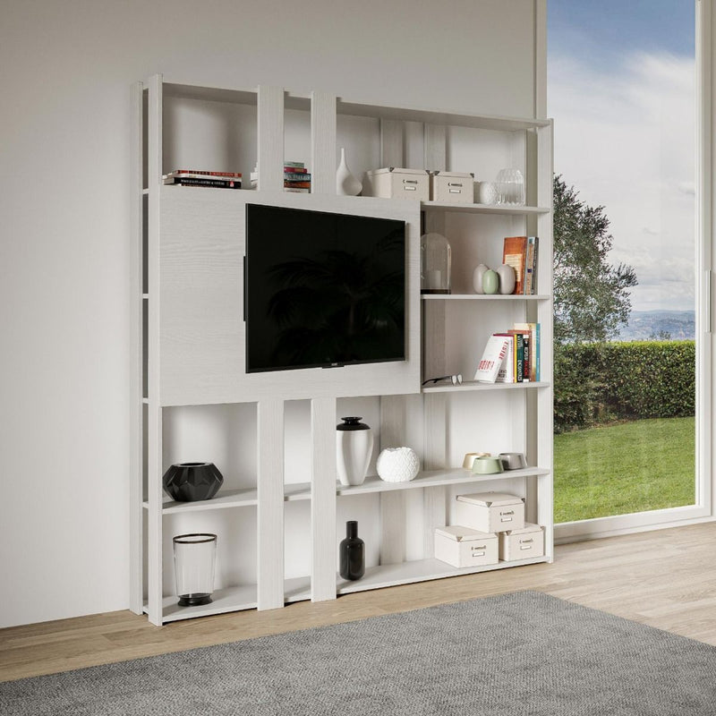 libreria a parete con pannello porta tv in legno bianco frassino