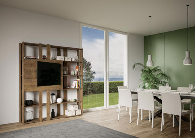 libreria a parete con pannello porta tv in legno noce