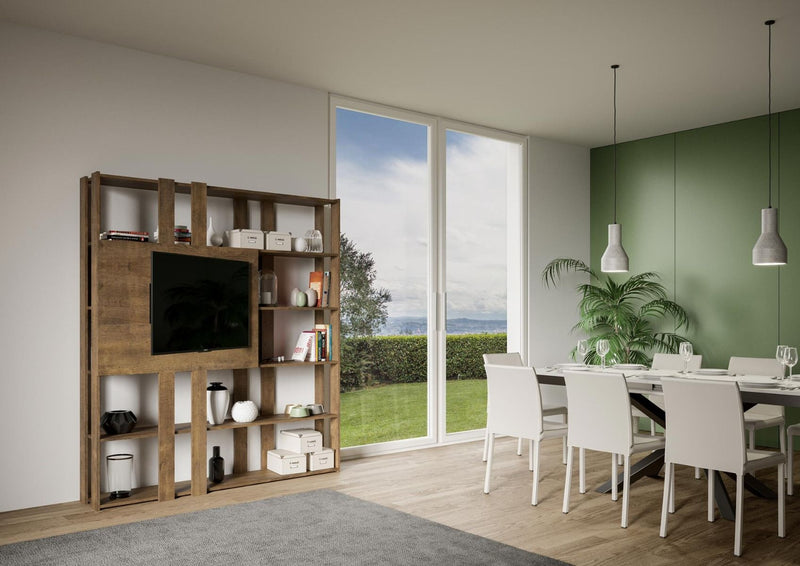 libreria a parete con pannello porta tv in legno noce