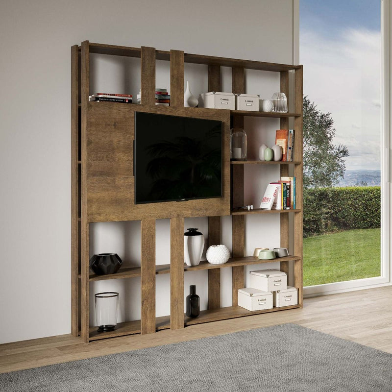 libreria a parete con pannello porta tv in legno noce