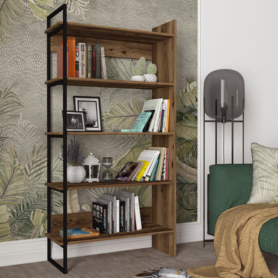 Scaffale libreria in legno per casa o ufficio 4 ripiani design industrial cm 92x35x180h