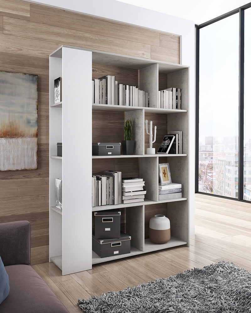 Libreria da salotto studio in legno finitura bianco e cemento cm 129x33x174h