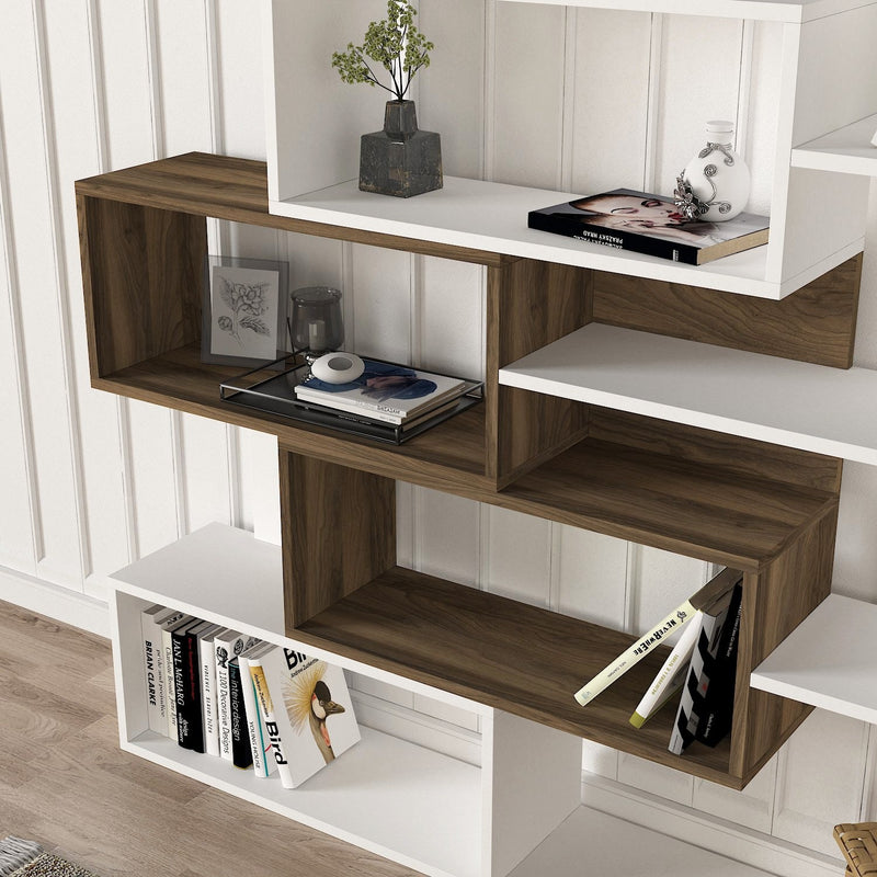 Libreria bassa design asimmetrico in legno con 8 vani a giorno ufficio cm 139x25x151h