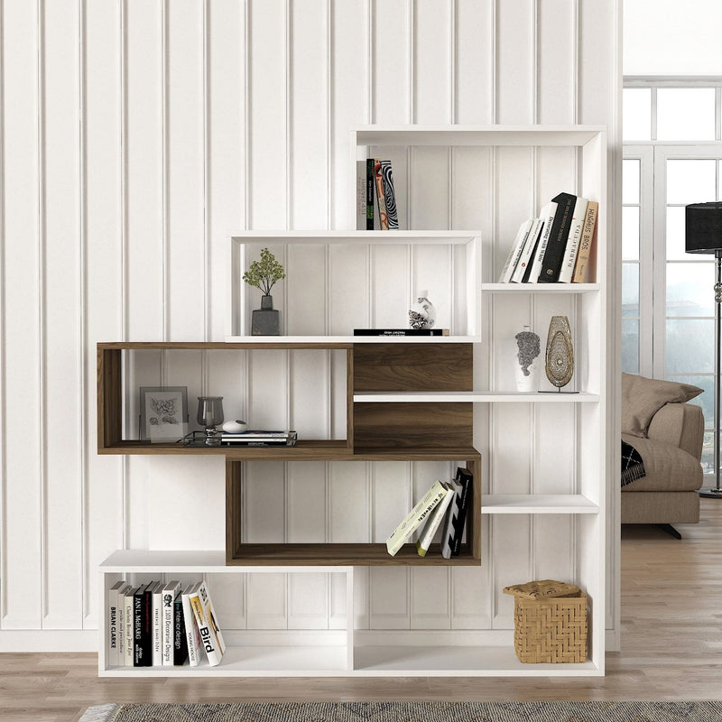 Libreria bassa in stile moderno in legno con 8 mensole colore bianco opaco e noce scuro opaco