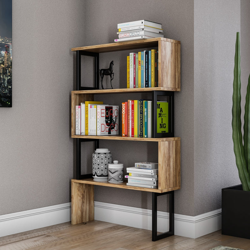 Libreria da terra bifacciale industrial in legno e metallo design a labirinto cm 80x22x120h