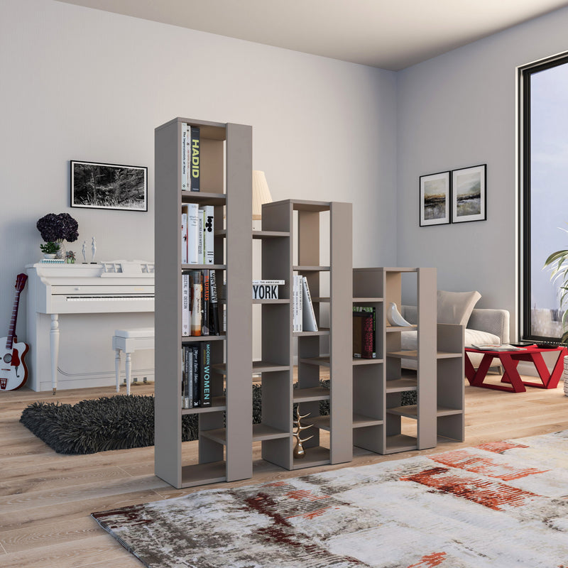 Libreria bifacciale divisoria in legno numerosi ripiani design moderno e asimmetrico disponibile in moka chiaro opaco e bianco opaco, dimensioni cm 164x29x151h