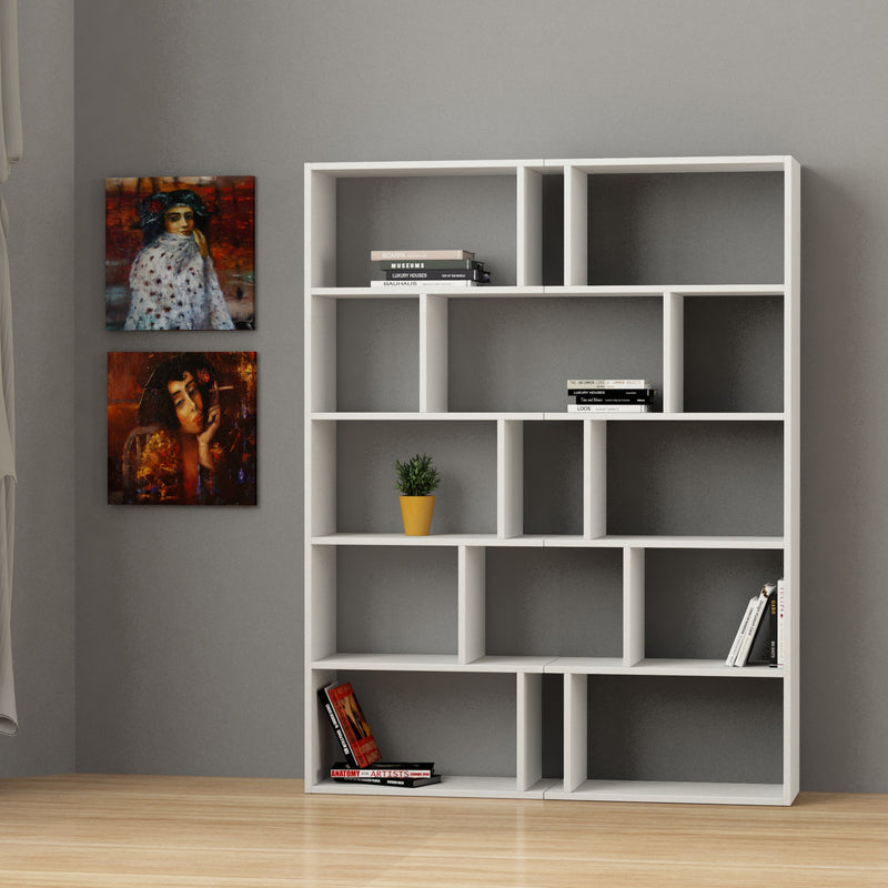 Libreria bifacciale moderna bicolore in legno 15 ripiani cm 124x28x161h - vari colori