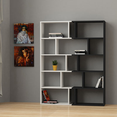 Libreria bicolore bifacciale per casa e ufficio a 15 ripiani in legno, dimensioni cm 124x28x161h