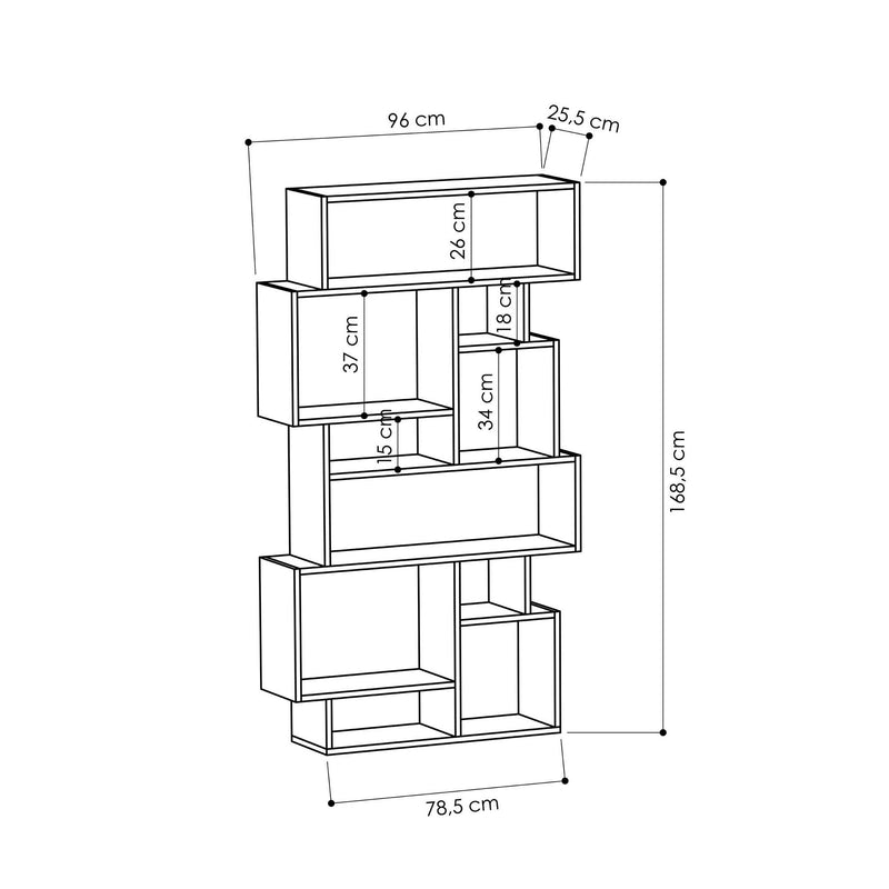 Libreria design asimmetrico bifacciale bordeaux 10 vani a giorno in legno cm 96x26x169h