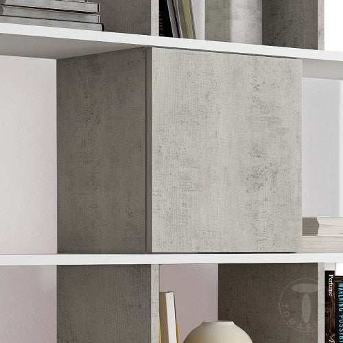 Libreria da parete asimmetrica scaffale moderno in legno bianco e cemento cm 145x30x145h