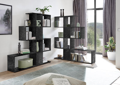Emola - Libreria design bifacciale in legno effetto marmo nero cm 139x28x147h