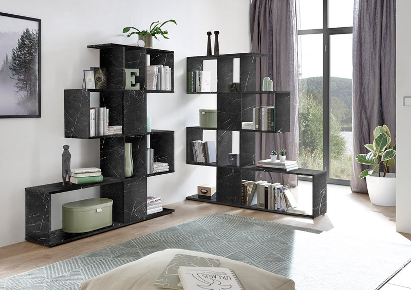Emola - Libreria design bifacciale in legno effetto marmo nero cm 139x28x147h