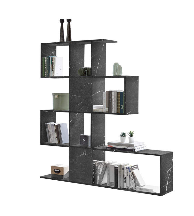 Emola - Libreria design bifacciale in legno effetto marmo nero cm 139x28x147h
