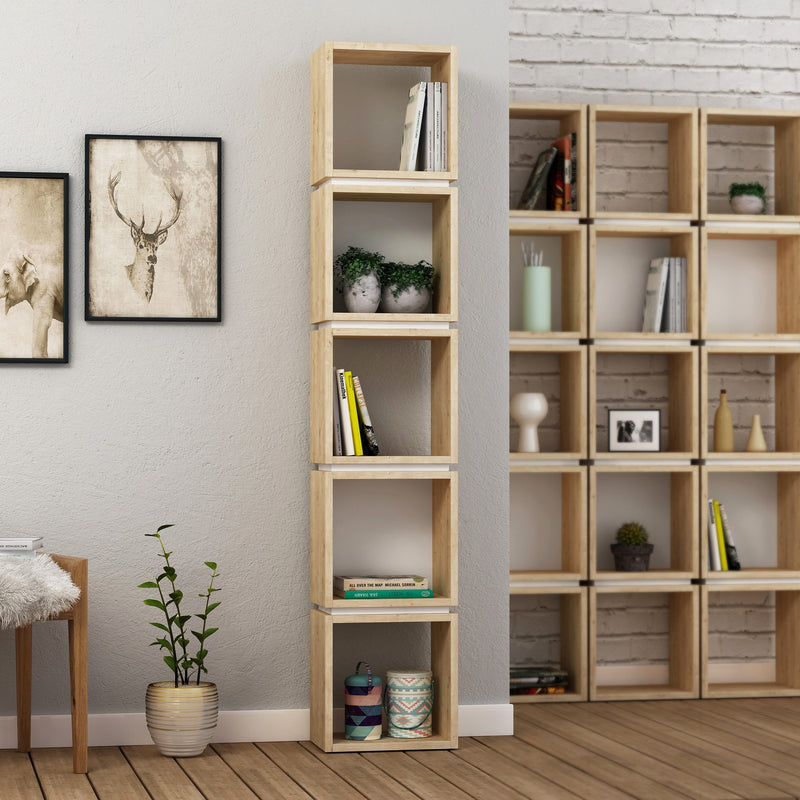 Libreria alta con 5 ripiani bifacciale in legno colore quercia chiaro opaco stile moderno, dimensioni cm 32x22x167h