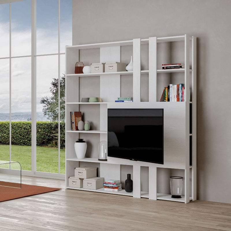 libreria a parete con pannello tv in legno bianco