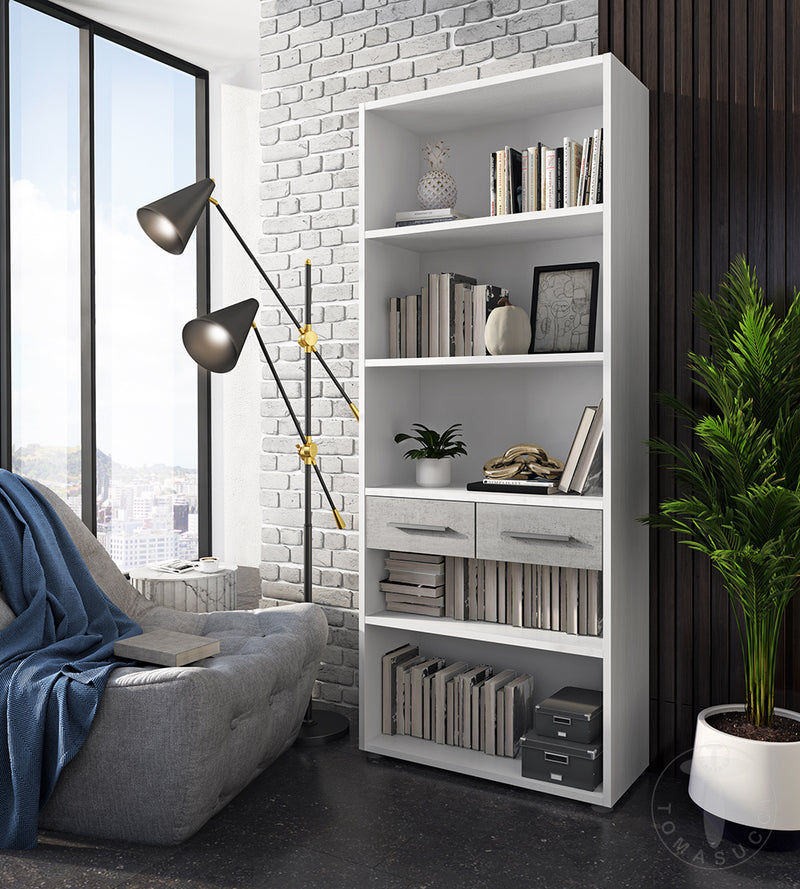 Libreria alta con 2 cassetti in legno bianco e cemento cm 80x35x201h