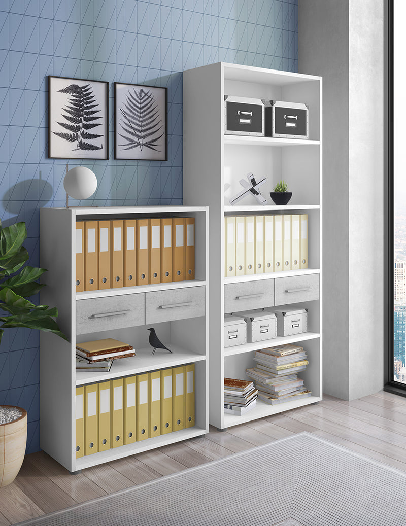 Libreria alta con 2 cassetti in legno bianco e cemento cm 80x35x201h