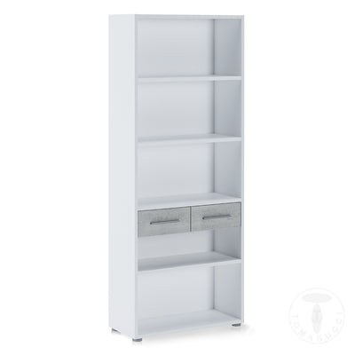 Libreria alta con 2 cassetti in legno bianco e cemento cm 80x35x201h