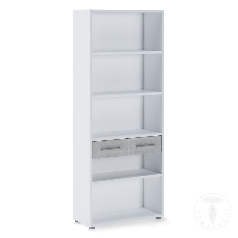 Libreria alta con 2 cassetti in legno bianco e cemento cm 80x35x201h