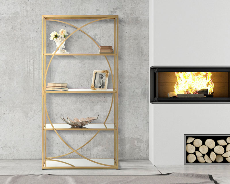 Libreria scaffale design in metallo dorato ripiani con specchio cm 90x38x180h