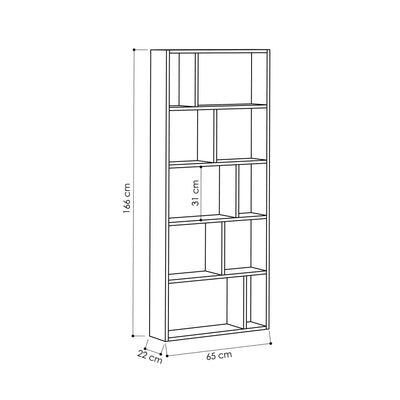 Libreria alta moderna in legno 10 ripiani design geometrico cm 65x22x166h - vari colori