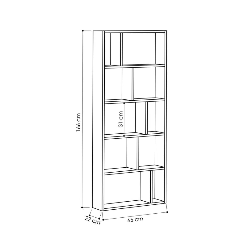 Libreria alta moderna in legno 10 ripiani design geometrico cm 65x22x166h - vari colori