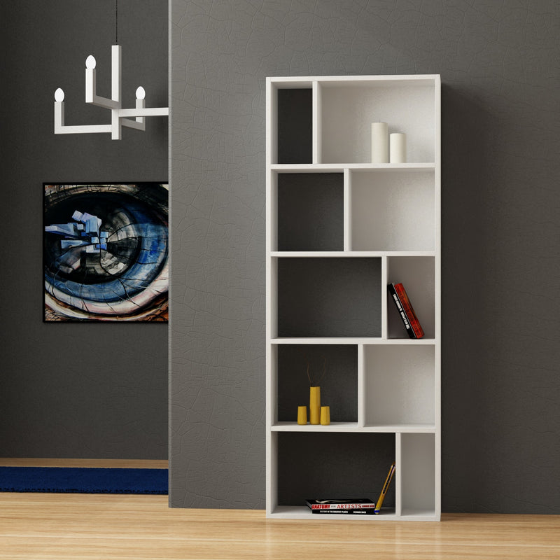 Libreria alta moderna in legno 10 ripiani design geometrico cm 65x22x166h - vari colori