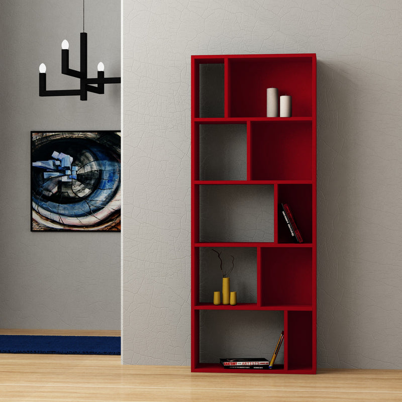 Libreria alta moderna in legno 10 ripiani design geometrico cm 65x22x166h - vari colori