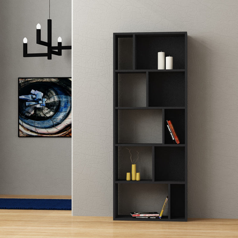 Libreria alta moderna in legno 10 ripiani design geometrico cm 65x22x166h - vari colori